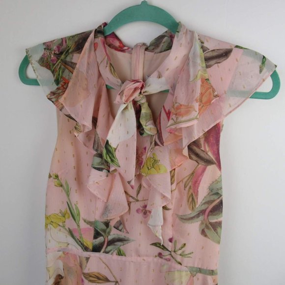 Cooper St Pink Floral Swiss Dot Frill Sleeve Neck Tie Midi Dress sz 4 - Picture 2 of 9